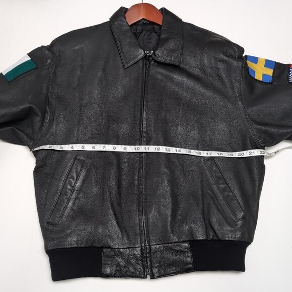 VTG Wilsons Leather Bomber Jacket Men's M Black USA Flag International Flags - Picture 11 of 16
